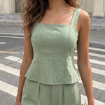 Sage Green Linen Blend Slim Fit Crop Top Wide Leg Pants Set