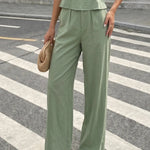 Sage Green Linen Blend Slim Fit Crop Top Wide Leg Pants Set