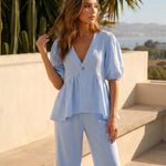 Light Blue Cotton Puff Sleeve Peplum Top Wide Leg Pants Set
