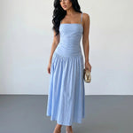Light Blue Ruched Spaghetti Strap Midi Dress
