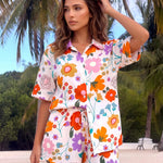 Pink Floral Print Button Down Shirt And Shorts Two Piece Set