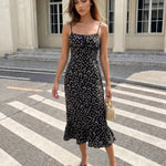 Black Floral Print Spaghetti Strap Midi Dress
