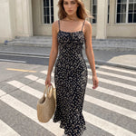 Black Floral Print Spaghetti Strap Midi Dress