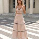 Beige Ric Rac Trim Crop Top Tiered Maxi Skirt Set