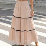 Beige Ric Rac Trim Crop Top Tiered Maxi Skirt Set