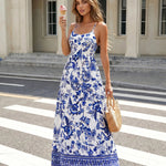 Blue Floral Print Spaghetti Strap Maxi Dress