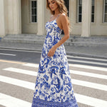Blue Floral Print Spaghetti Strap Maxi Dress