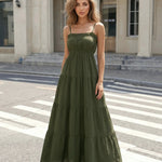 Olive Green Tiered Spaghetti Strap Maxi Dress