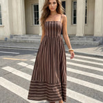 Brown Striped Spaghetti Strap Maxi Dress