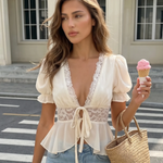 Cream Lace Trim Puff Sleeve Peplum Blouse