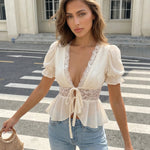Cream Lace Trim Puff Sleeve Peplum Blouse