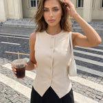 Beige Sleeveless Button Front Blouse