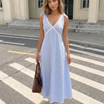 Light Blue V Neck Lace Trim Striped Regular Fit Midi Dress