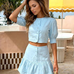 Blue Button Front Puff Sleeve Crop Top Mini Skirt Set