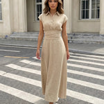 Beige Waist-Tie Linen Blend Maxi Shirt Dress