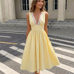 Pastel Yellow Lace Trim V-Neck Fitted Waist Flared Midi Dress