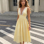 Pastel Yellow Lace Trim V-Neck Fitted Waist Flared Midi Dress