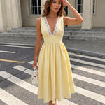 Pastel Yellow Lace Trim V-Neck Fitted Waist Flared Midi Dress