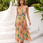 Pink Tropical Palm Print Halter Midi Dress