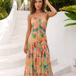 Pink Tropical Palm Print Halter Midi Dress