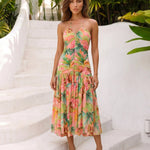 Pink Tropical Palm Print Halter Midi Dress