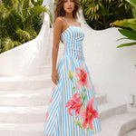 Blue Striped Floral Print Spaghetti Strap Ruched Midi Dress