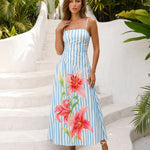 Blue Striped Floral Print Spaghetti Strap Ruched Midi Dress