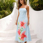 Blue Striped Floral Print Spaghetti Strap Ruched Midi Dress