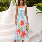 Blue Striped Floral Print Spaghetti Strap Ruched Midi Dress