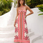Pink Palm Tree Print Halter Neck Keyhole Cutout Maxi Dress