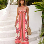 Pink Palm Tree Print Halter Neck Keyhole Cutout Maxi Dress