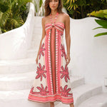Pink Palm Tree Print Halter Neck Keyhole Cutout Maxi Dress
