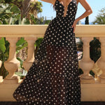 Black V-Neck Polka Dot Chiffon Slim Fit Maxi Beach Dress
