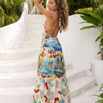 Cream Cherry Coastal Print Halter Tiered Maxi Dress