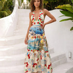 Cream Cherry Coastal Print Halter Tiered Maxi Dress