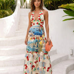 Cream Cherry Coastal Print Halter Tiered Maxi Dress