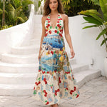Cream Cherry Coastal Print Halter Tiered Maxi Dress