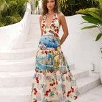 Cream Cherry Coastal Print Halter Tiered Maxi Dress