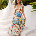 Cream Cherry Coastal Print Halter Tiered Maxi Dress