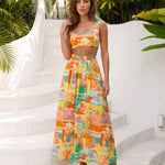 Scenic Print Square Neck Crop Top and Maxi Skirt Two Piece Set