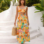 Scenic Print Square Neck Crop Top and Maxi Skirt Two Piece Set