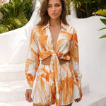 Orange Leaf Print Tie Front Crop Shirt and High Waist Shorts Two Piece Set