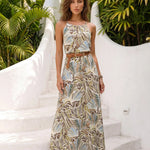 Tropical Leaf Print Halter Neck Maxi Dress