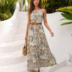 Tropical Leaf Print Halter Neck Maxi Dress