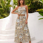 Tropical Leaf Print Halter Neck Maxi Dress