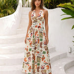 Vintage Fruit and Icon Print Halter Neck Maxi Dress
