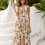 Vintage Fruit and Icon Print Halter Neck Maxi Dress