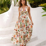 Vintage Fruit and Icon Print Halter Neck Maxi Dress