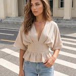 Beige Linen Blend V-Neck Batwing Sleeve Peplum Blouse
