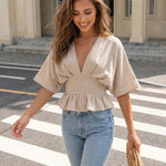 Beige Linen Blend V-Neck Batwing Sleeve Peplum Blouse